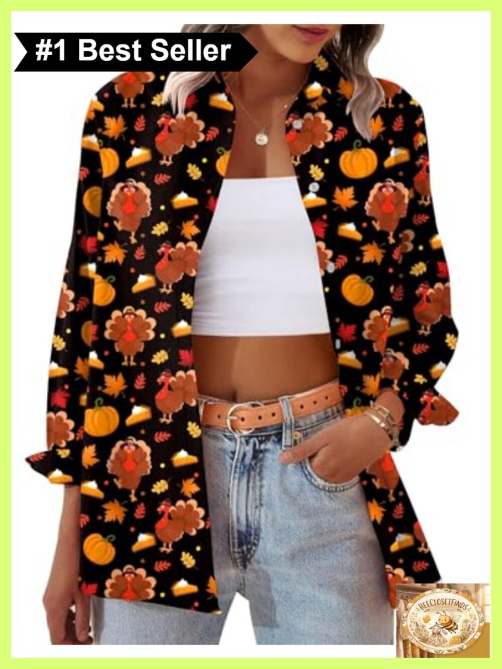 Women's Long Sleeve Button Down Blouse Thanksgiving Graphic Print